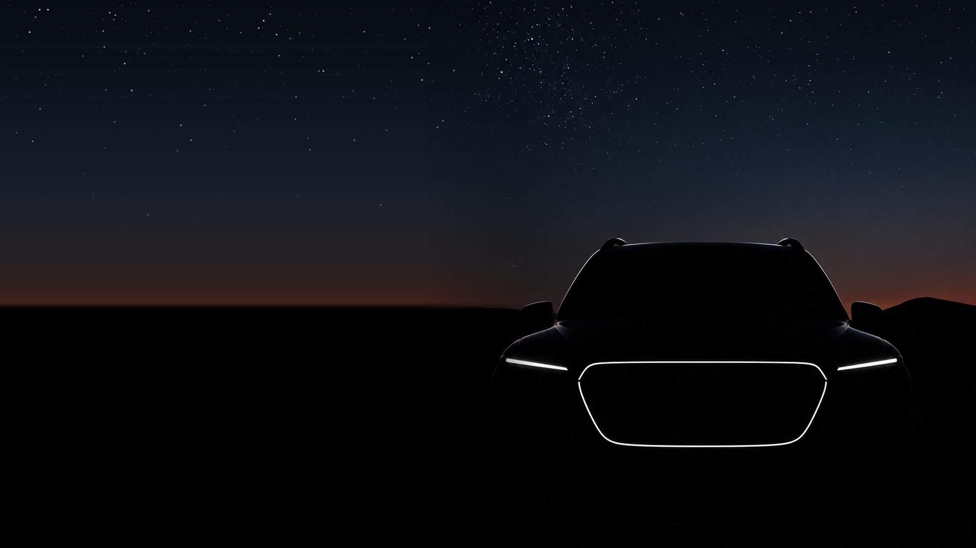 별이 뜬 밤, 헤드라이트와 그릴 라인만 빛나는 SUV 실루엣