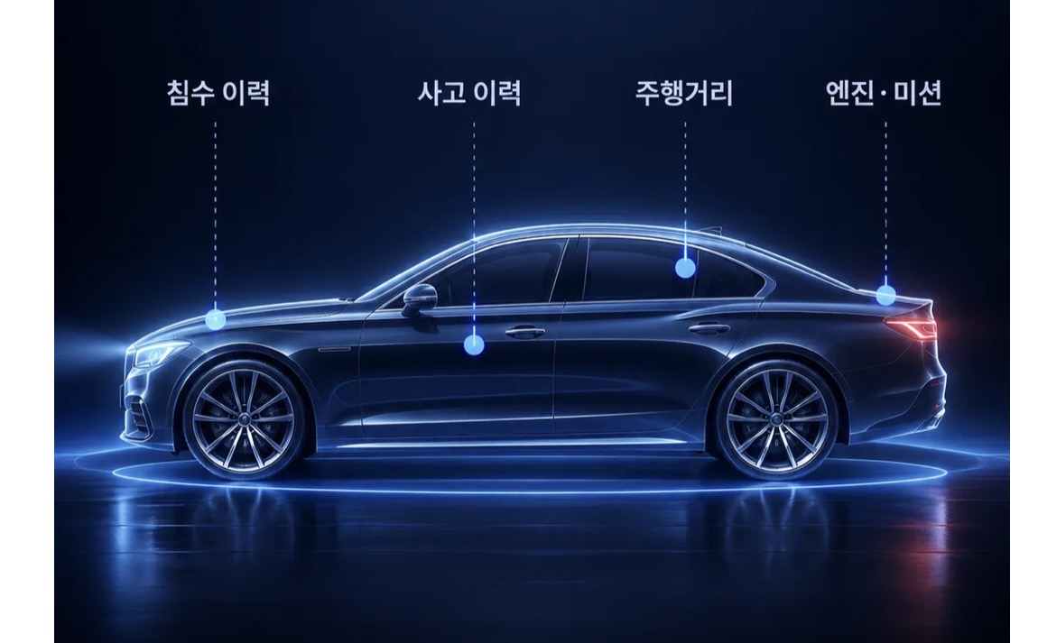 차량 측면과 침수 이력, 사고 이력, 주행거리, 엔진·미션 검진 항목
